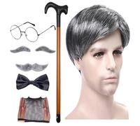 Set di parrucca e baffi per nonno, costume da uomo anziano per Halloween, con barba, sopracciglia e canna gonfiabile, per adulti e adolescenti
