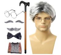 Set di parrucca e baffi per nonno, costume da uomo anziano per Halloween, con barba, sopracciglia e canna gonfiabile, per adulti e adolescenti