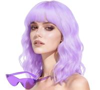 Set di parrucca e occhiali da sole viola pastello, parrucca ondulata da 38 cm con frangia, resistente al calore, parrucca corta e riccia ondulata, lunghezza fino alle spalle, parrucche da donna, per