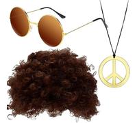 Set Di Parrucca Hippie Per Uomini Occhiali Da Sole Hippie E Collana Per Uomini | Include Parrucca Afro, Occhiali Da Sole, Collana Discoteca Per Festa, Marrone chiaro, Se référer