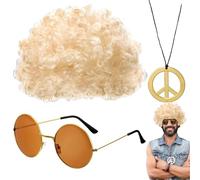 Set Di Parrucca Hippie Per Uomini Occhiali Da Sole Hippie E Collana Per Uomini | Include Parrucca Afro, Occhiali Da Sole, Collana Discoteca Per Festa, oro, Se référer au