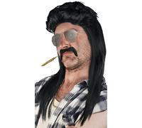 SET di: Parrucca Mullet + Barba + Catena d'oro + Occhiali da aviatore Argento - Parrucca Proll Pappone Biondo Brunette Grigio Nero 80s 90s (Nero + Barba + Catena d'oro + Occhiali da aviatore)