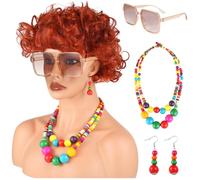 Set di parrucche ricci arancioni per Halloween, da donna, occhiali da sole retrò e gioielli con perline, fibra resistente al calore per feste e costumi