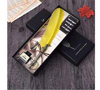 Set di penne a immersione con piume antiche, con penna a piuma e penna per calligrafia, penna per scrittura e penna (giallo)