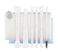 Set di pennelli da viaggio, set di 7 pennelli da trucco con 6 pennelli duo e custodia in pelle vegana, pennelli cosmetici vegani per viso e occhi, Duo Voyage, Blue Horizon, bianco e blu, Luvia
