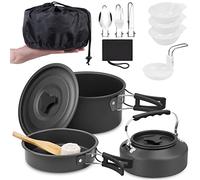 Set di Pentole da Campeggio 12 Pezzi Set da Tavola da Esterno Portatile Alluminio Pieghevole Pentola da Campeggio Bollitore Posate Pentola per 2-3 Persone Cucina all'aperto (nero)