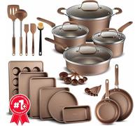 BAKKEN Swiss - Set di 23 pentole da cucina multidimensionate dorate con coperchi, padelle e utensili da forno, in alluminio pressato rinforzato, adatto per gas, elettrico, ceramica e induzione