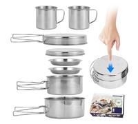 Set di pentole e padelle da campeggio|Set da cucina da campeggio 8 pezzi Pentole in acciaio inossidabile Pentola e padella portatili con piatti Tazze per 5-6 adulti Escursionismo all'aperto Picnic BB