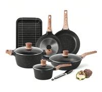 Set di pentole e padelle per induzione RIOVARM, set di pentole in granito antiaderente con coperchi, set di pentole senza PFOA con manico in legno, padella, casseruola, teglia da forno [Set di pentole