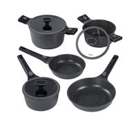STONELINE SMART Set Pentole e Padelle 8 Pezzi, Pentole Induzione Alluminio Pressofuso con Coperchio Manico Rimovibile, Tutti i Tipi di Piani Cottura, Antiaderente con Vere Particelle di Pietra, Grigio