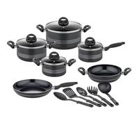 GSW Set di pentole Milano nero, 15 pezzi, di alta qualità per induzione, ceramica e gas, rivestimento antiaderente, pentole con coperchio in vetro e utensili da cucina, pentole e padelle