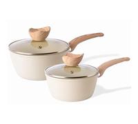 Set di Pentole per Induzione con Coperchio - Antiaderente - Set di 2 Pentole per Salse in Granito Color Crema - 16 cm, 18 cm - Nuovva