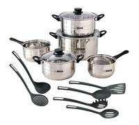 Set di pentole Well Home da 8 pezzi in acciaio inossidabile + 6 utensili da cucina di base in PBT nero