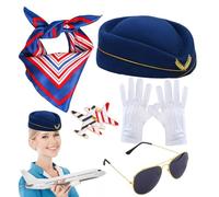 Set di per costume da hostess - Cappello in tessuto da 55,9 cm | Cappello da compagnia aerea, sciarpa di seta, guanti e occhiali da sole, vestito per cosplay, rappresentazione su