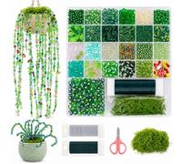 Set di perline verdi per piante fai da te, perline di vetro verdi, filo e | Set di perline verdi, pianta perlina eterna per la decorazione della casa, creazione di gioielli, verde artificiale (vaso non