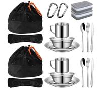 Set di piatti da campeggio in acciaio inox per 2 persone, set completo con tazze, piatti, ciotole, utensili, spugna e borsa