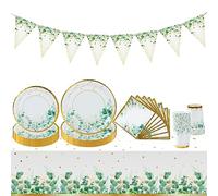 Set Di Piatti Per Feste Verdi Da 98 Pezzi, Piatti Di Carta Verde Salvia e Tovaglioli Tazze Tovaglia Banner, Stoviglie Per Baby Shower Per Decorazioni Di Compleanno,Matrimoni,Forniture Per Feste Safari