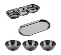 Set di piatti per salsa in acciaio inossidabile con vassoio portaoggetti, contenitore per condimenti a 3 scomparti e 3 ciotole rotonde per cucina, sala da pranzo, feste, barbecue (argento) (nero)