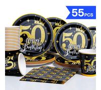 Set di piatti, tovaglioli, bicchieri monouso con corona nera e stelle per il 50° compleanno, adatto per 10 ospiti, stoviglie monouso in carta per compleanni, matrimoni, feste a tema, picnic in famigli