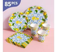 Set di piatti, tovaglioli e bicchieri monouso in porcellana blu e bianca a motivo limone, per 20 ospiti. Questo set di forniture monouso per feste (inclusi piatti, tovaglioli e bicchieri) è perfetto p