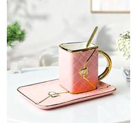 Set di piattini con piattino e cucchiaio, tazza da caffè in ceramica, 310 ml, tazza per cappuccino, tazza per mocha, regalo per mamma, fidanzata, compleanno, San Valentino (rosa)