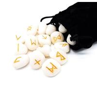 Set di pietre preziose rune per anziani Futhark, pietra curativa, agata bianca, 25 pietre circa 25 mm in sacchetto di velluto, mitologia vichinga, esoterismo meditazione magica (agata bianca, agata