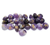 Set di pietre preziose rune per anziani Futhark, pietra curativa, ametista, 25 pietre circa 20 mm, in sacchetto di velluto, mitologia vichinga, esoterica, meditazione, magia (incisione dorata)