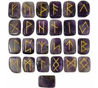 Set di pietre runiche in cristallo di ametista, pietra preziosa vichinga, pietra preziosa vichinga, guarigione Reiki, con incisione dorata dell'alfabeto runico (Ametista)