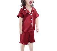 Set di pigiama a maniche corte per ragazze, con bottoni, comodo, comodo, delicato sulla pelle, traspirante, regalo estivo per bambini, pigiama per la famiglia (rosso, A)