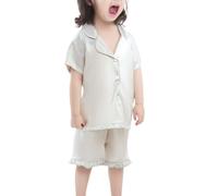 Set di pigiama a maniche corte per ragazze, con bottoni, in tinta unita, comodo, delicato sulla pelle, traspirante, regalo estivo per bambini, pigiama per la famiglia (beige, F)
