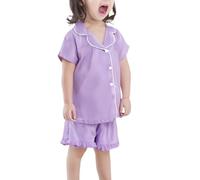 Set di pigiama a maniche corte per ragazze, con bottoni, in tinta unita, comodo, delicato sulla pelle, traspirante, regalo estivo per bambini, pigiama per la famiglia (viola, F)