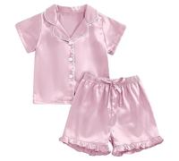 Set di pigiama a maniche corte per ragazze, con bottoni, in tinta unita, comodo, delicato sulla pelle, traspirante, regalo estivo per bambini, pigiama per la famiglia (rosa, F)