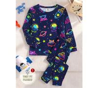 Set di pigiama aderente a tema spaziale che brilla al buio per bambino, 2 pezzi, base blu navy con stampa all-over fluorescente di astronauta, pianeta e UFO, il motivo brilla con colori vivaci sotto l