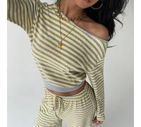 Set di pigiama casual da donna, maglietta a maniche lunghe con spalle scoperte e pantaloni dritti a righe larghi, adatto per uso quotidiano, sport, autunno e inverno, indossabile per il ritorno a scuo