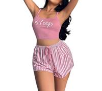 Set di pigiama, da donna, abbigliamento da casa, pantaloncini corti a righe e canottiere con lettere 2 pezzi, estivo, biancheria da notte, confortevole, femminile, top, bretelle regolabili