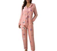 Set di pigiama da donna con maniche lunghe a V e collo 2 pezzi traspiranti comodi pigiama set con bottoni stampati set pijamas pantaloni e top, Rosa, XL