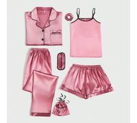 Set di pigiama da donna in seta ricamata per primavera ed estate, 7 pezzi inclusi: una camicia, un pantalone lungo, una canottiera, un paio di pantaloncini, ecc. Dettagli eleganti e confortevoli per l