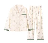 Set di pigiama da donna, pantaloni lunghi, elegante pigiama con bottoni, in cotone, morbido, in due pezzi, comodo pigiama da notte a gamba larga, Blu 1, XXL