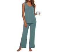Set di Pigiama da Donna PrinStory Pigiama Senza Maniche da Donna con Scollo a V Set di Pjs per Donne Set di Canotte e Pantaloni a Gamba Larga, Blu foschia, L