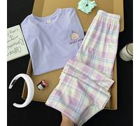 Set di pigiama da ragazza adolescente in due pezzi, colore viola: una maglietta a maniche corte con stampa floreale, collo tondo e vestibilità morbida, abbinata a un pantalone lungo con stampa a quadr