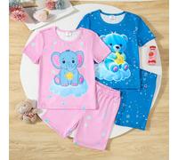 Set di pigiama da ragazza tween (pre-adolescente) di 4 pezzi, composto da pantaloncini casual con stampe di orsi e elefanti che brillano al buio e una maglietta a maniche corte 8Y,9Y,10Y,11Y,12YAnimal