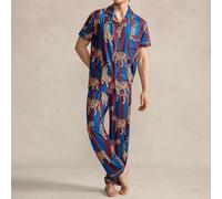 Set di pigiama da uomo, con camicia a bottoni con colletto, su base a righe verticali blu-viola e stampa all-over a tema tigre, con dettagli di rifinitura abbinati. La grafica vintage a tema animale e