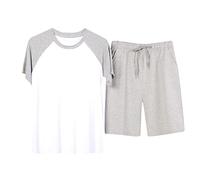 Set di pigiama da uomo, corto, in cotone, estivo, per il tempo libero, 2 pezzi, pantaloncini a quadretti e maglietta rotonda, bianco, L