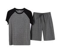 Set di pigiama da uomo, corto, in cotone, estivo, per il tempo libero, 2 pezzi, pantaloncini a quadretti e maglietta rotonda, grigio., XXXL
