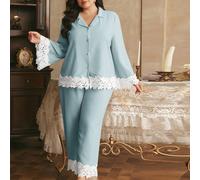 Set di pigiama elegante con apertura frontale, stile a bolle e grinze, taglie comode, ispirato alla Francia meridionale 0XL,1XL,2XL,3XL,4XLPianteTessuto intrecciato