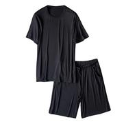 Set di pigiama estivo per uomo, leggero, traspirante, confortevole, biancheria da notte con maniche corte, scollo rotondo, perfetto come abbigliamento, Nero , L