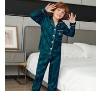 Set di pigiama in raso per ragazzo adolescente con pantaloni lunghi, vestaglia a maniche lunghe con ricamo a lettere, adatto per bambini di età compresa tra 8 e 13 anni, per la stagione primavera-autu