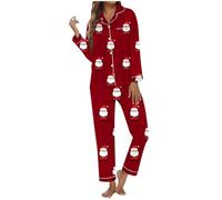 Set di pigiama natalizio da donna in cotone, pigiama stampato con bottoni e tasche, a maniche lunghe, pantaloni da casa, biancheria da notte per notti invernali, Colore: rosso, M