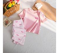 Set di pigiama per bambine, top a girocollo termico con grafica a fiocco e bordo arricciato abbinato a pantaloni rosa a righe con fiocco, outfit comodo per la casa 9-12M,12-18M,18-24M,2-3YFumetto,Graf
