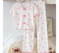 Set di pigiama per ragazze adolescenti, composto da una camicetta con colletto e fiocco, abbinata a pantaloni casual, realizzato in comodo tessuto in seta di latte con stampa a farfalla, stile carino